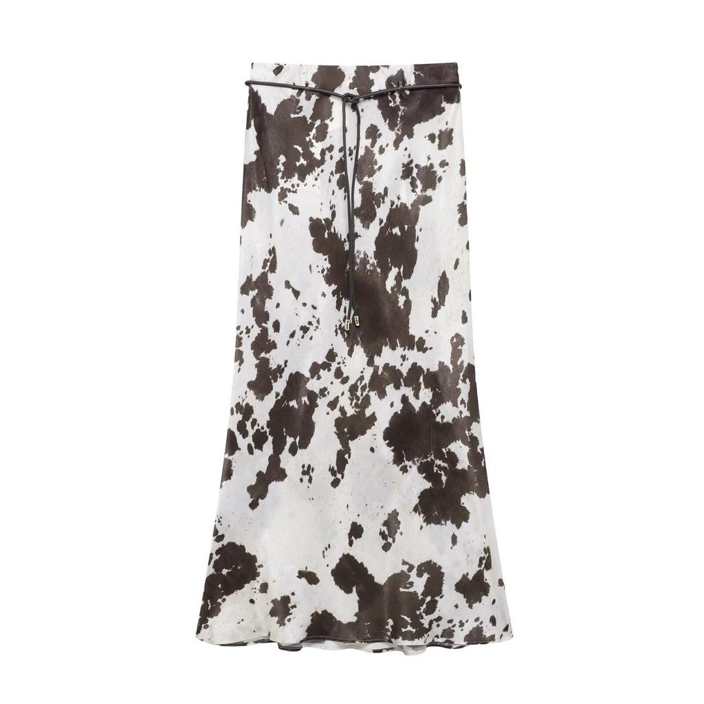 2025 Spring Women's Animal Print Silk Satin Shirt and Midi Skirt Set