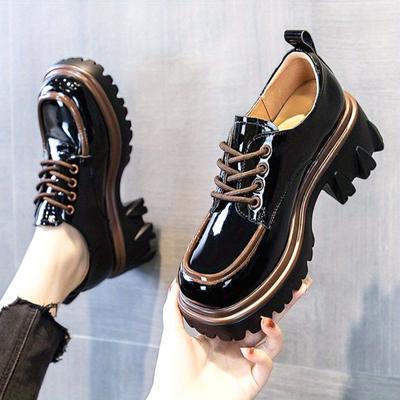 [Stilvolle Loafer] Stilvolle Loafer mit klobigem Absatz - Damen Weiß mit Braunen Akzenten, Dicke Sohle, Schnürung, Ganzjahres-Komfortschuhe, Freizeit-Schuhe