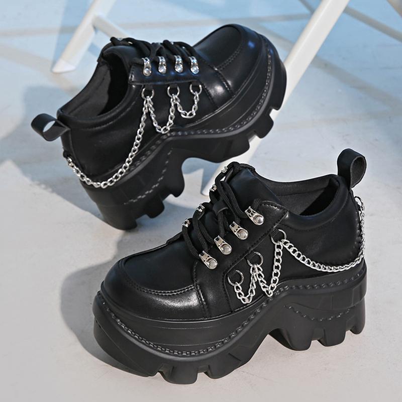 Fashion Gothic Punk Chunky Sneakers for Women Black Chain Decor Platform Sports Shoes Woman Thick Sole Non Slip Punk Sneakers Plus Size