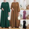 Women's Spring/Summer Loose-Fit Muslim Robe Dress with Puff Sleeves and Wooden Buttons