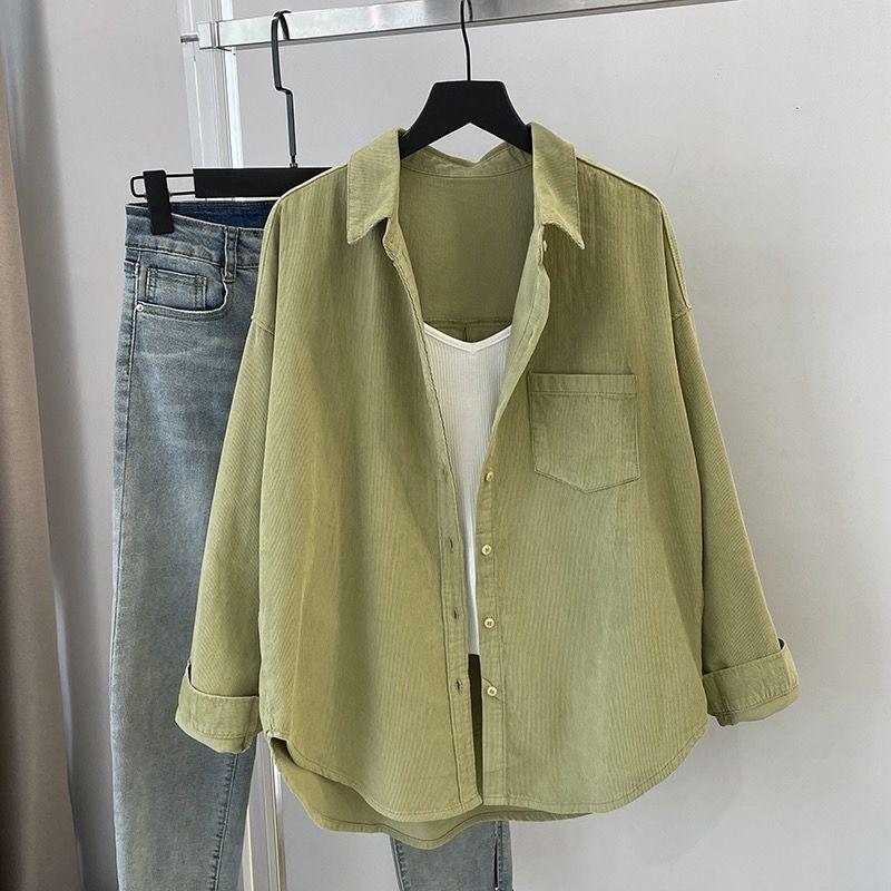 Women's Mid-Length Green Corduroy Shirt Jacket with Pockets - Spring 2025 Edition