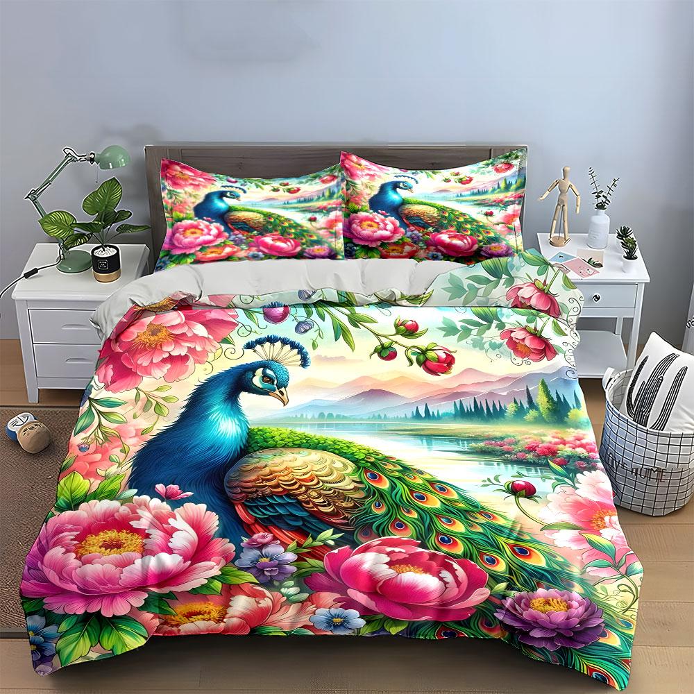 Peacock and Floral Landscape Bedding Duvet Cover Set  (1*Duvet Cover 2*Pillowcases, without duvet insert)