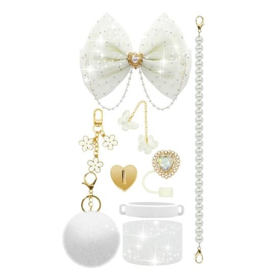 1 Set Tassenhülle Funkelnde Strasssteine Schleife Plüschball Dekoration Kunstperlen Lanyard Tassenzubehör mit Silikonboden-Schutz