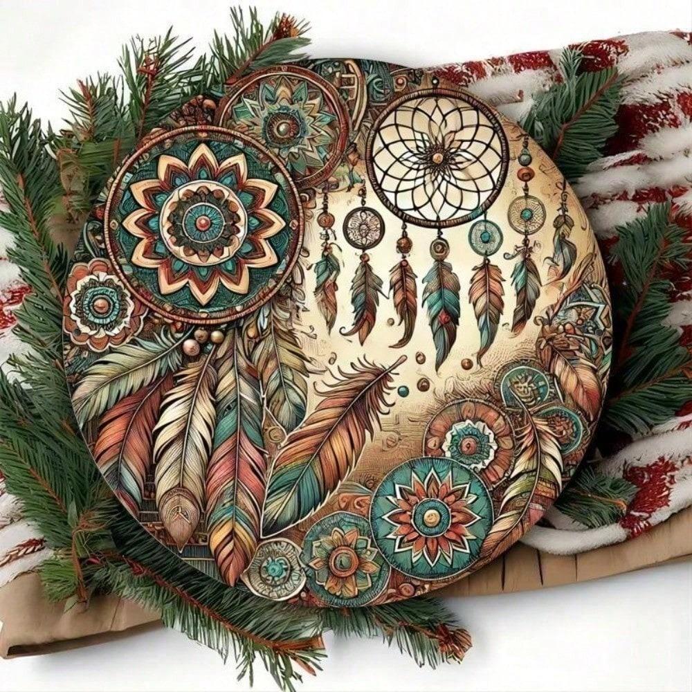 Bohemian Dream Catcher Metal Sign 8x8 Inch Handmade Wall Decor with Vintage Feathers Floral Design Boho Home Ornament