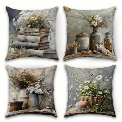 1/4 pièces Housses de coussin rustiques de ferme Housse de coussin motif floral vintage nature morte pour décoration intérieure Housse de coussin