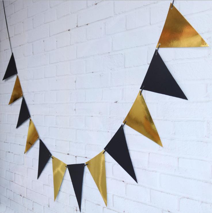 2pcs Gold Tissue Paper Tassels Sparkly Pennant Banner Triangle Flags Bunting for Gold Birthday Party Decorations 2pcs