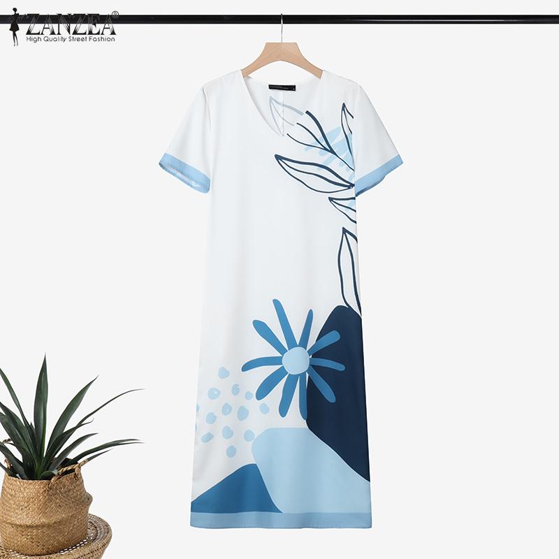 ZANZEA Womens Summer V-Neck Short Sleeve Casual Print Dress