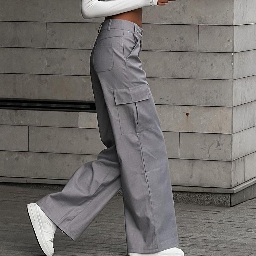 Women's Street Style Design Sports Pants Fashion Solid Color Female High Waisted Straight  Cargo Trousers