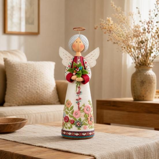 Hand-carved Decoration Vintage Floral Figurine Ornament, Hand Carved Flower Angel Statue, Decorative Figure with Wings Home Table for Living