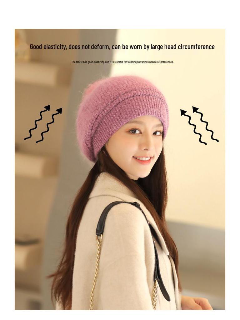 Women's Double-Layer Warm Rabbit Hair Knit Hat with Ear Protection - Japanese Style for Autumn & Winter