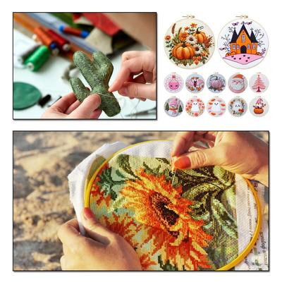 Halloween Stamped Cross Stitch Embroidery Kits with Hoop Cloth Color Thread for Beginners DIY Arts Ornament Cross Stitch Sets