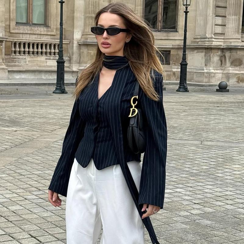 Casual Striped Blazer Coats Women 2026 Spring V Neck Scarf Lace Up Jackets Long Sleeves Coat Female Fashion High-End Formal Tailored Coat Outwear