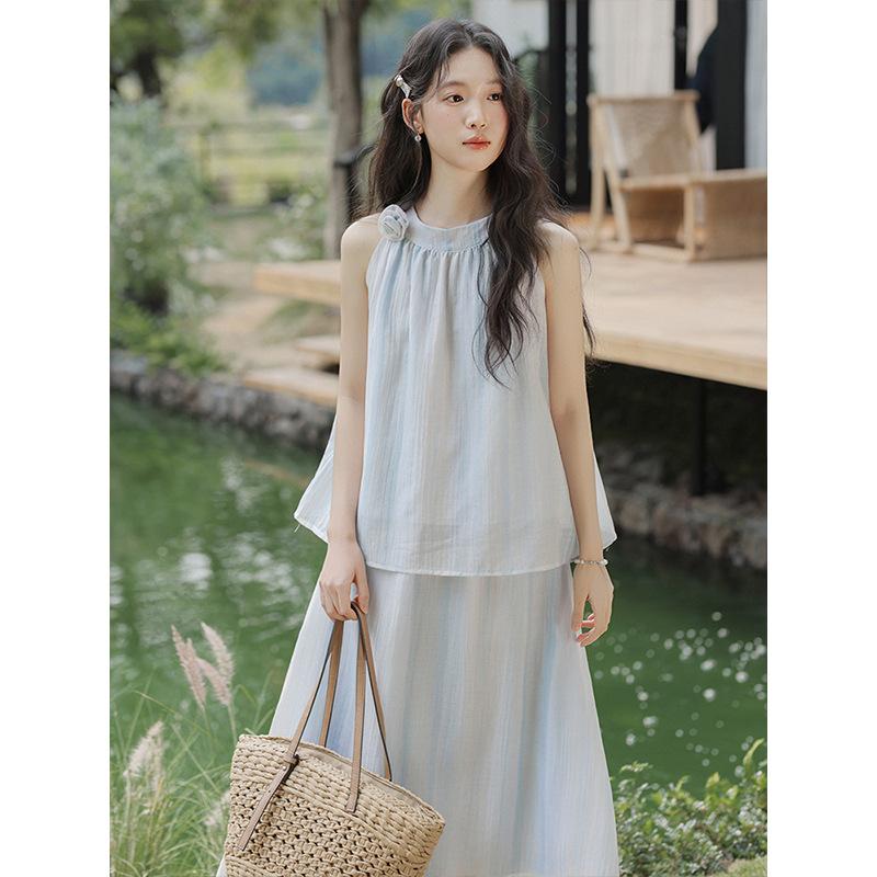 Summer New Sleeveless Neck Top + Medium and Long Skirt Fairy Set Two-piece Set