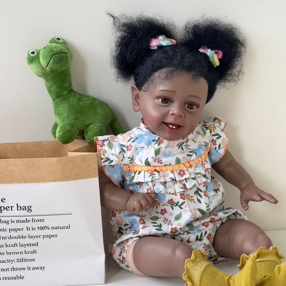 24'' 60cm Cloth Body Reborn Dolls YANNIK Handmade Rooted Exploding Hair Rebirth Doll Cute American Africa Dark Skin Simulation Regenerated Babies Doll