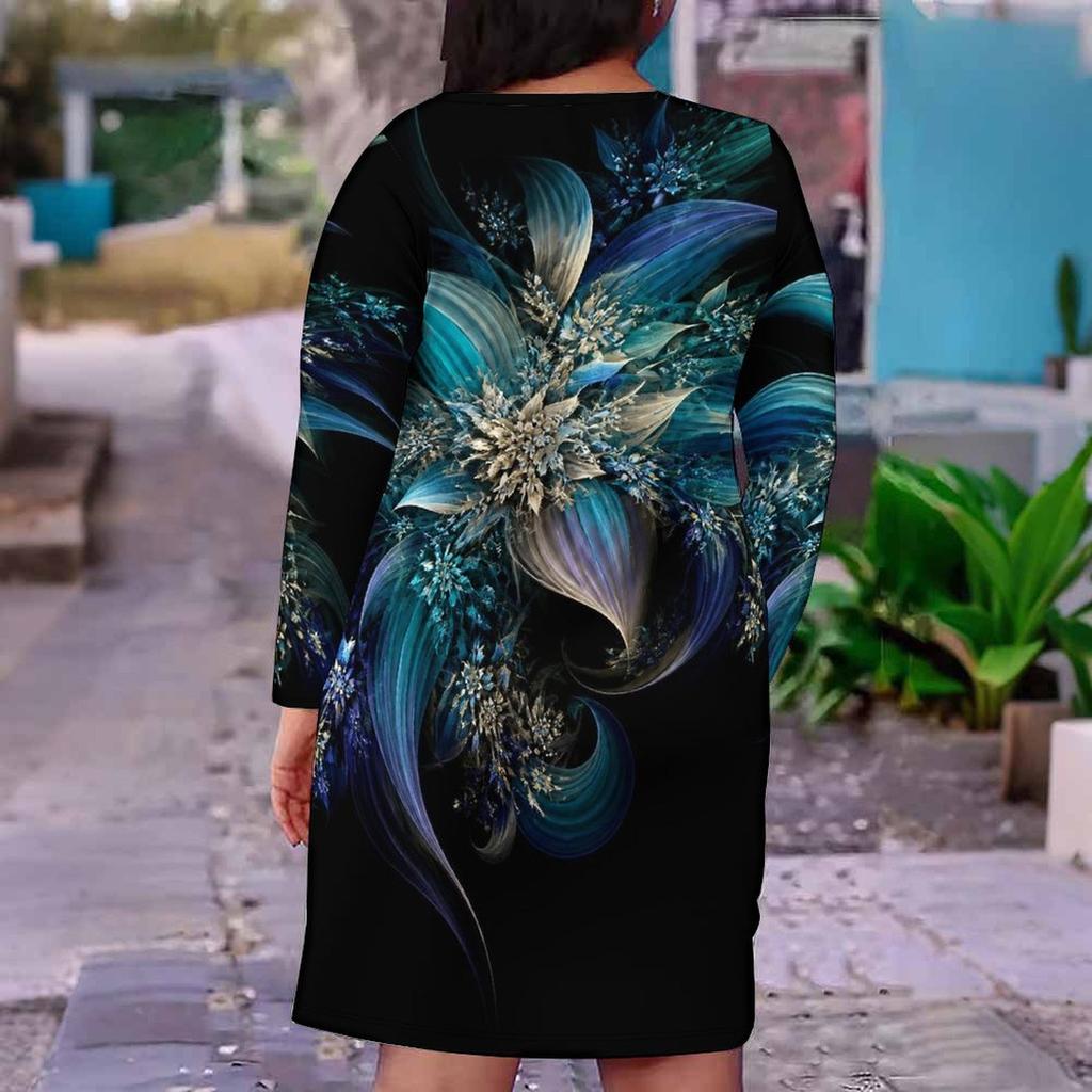 Women Plus Size V Neck Long Sleeve Black Purple Printed Fitted Dress