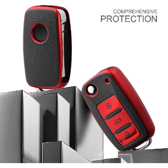 ELOHEI for VW Key Fob Cover, Premium Soft TPU 361 Degree Full Protection for VW Volkswagen Jetta Beetle Tiguan Passat Golf MK6 Polo 3 Buttons(Leather