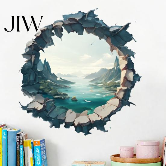 Realistic Landscape Wall Mural 3D Mountain & River Sticker, PVC Waterproof Mural, Peel And Transparent Space Illusion Decal Stick Decals