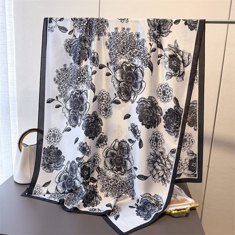 Spring and summer thin simulated silky brocade plain and elegant flower silk scarf long scarf silky printing shawl versatile headscarf scarf