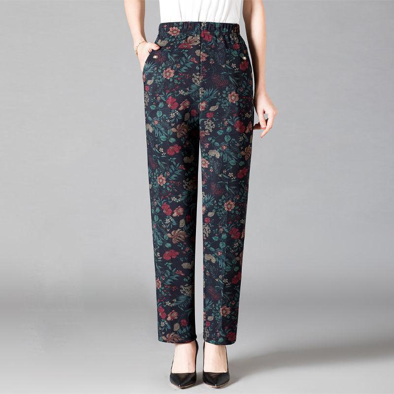 

8XL 9XL женские брюки среднего возраста с принтом эластичные повседневные брюки с высокой талией прямые брюки оверсайз бабушка 6XL