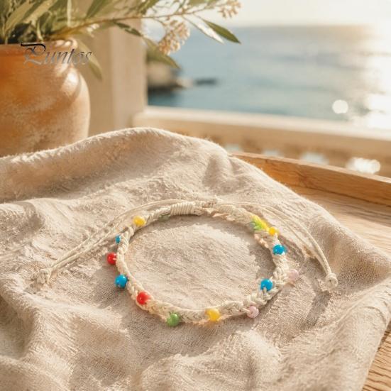Casual Minimalist Hand Rope Handmade Braided Bracelet for Women, Bohemian Woven Wrist Colorful Summer Beach Accessories with Rice Beads, Adjustable