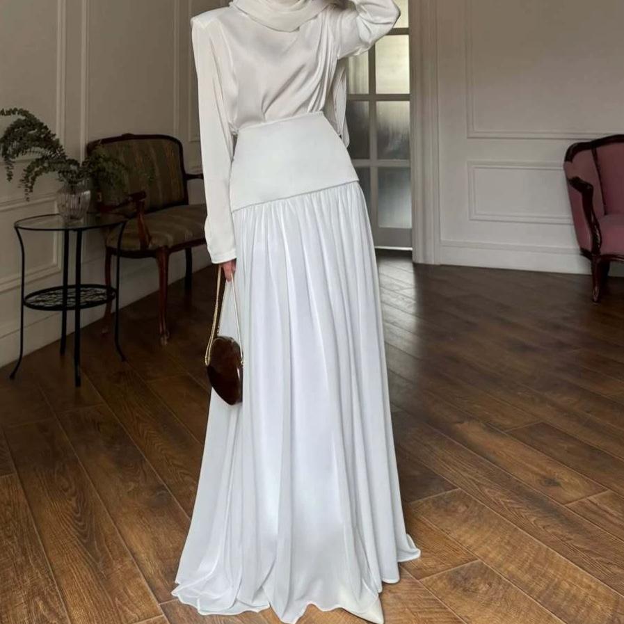 Cross-border European and American Women's Clothing Light Blue Solid Color Boat Collar Long-sleeved Waist Top Casual Pleated Skirt Set
