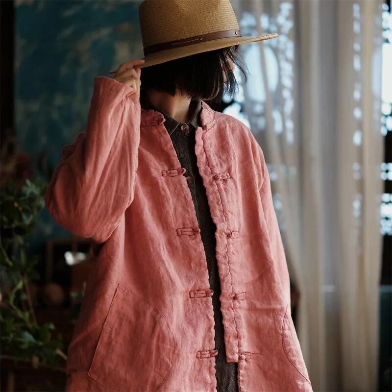 Johnature Women Chinese Style Stand Winter Parkas Orange Pink Button Coats Long Sleeve Linen Plus Cotton Women Parkas