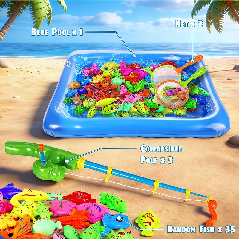 CozyBomBTM Magnetic Fishing Toy Game Set | Water Play - Bath - Pool - Includes Fishing Rod and Net | Floating Fish and Sea Creatures | Ages 3-8 Kids