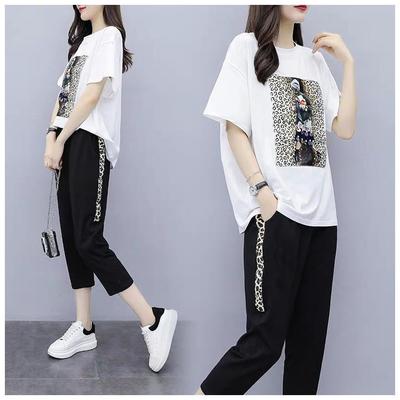 Große Größe Damen Sommer Mode Damen Leopard Set Anzug Lässig Locker Kurzarm T-Shirt Cropped Hose Set Haremshose