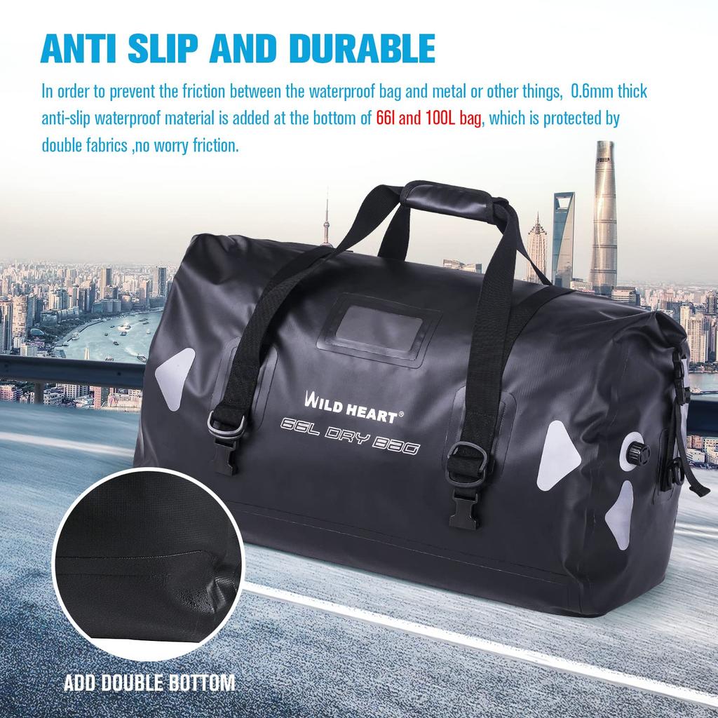 WILD HEART Waterproof Duffel 100L with Welded Seam Shoulder Straps and Binding for Motorcycle Drum Touring Seat and Outdoor Use Bag, 40L, 66L,