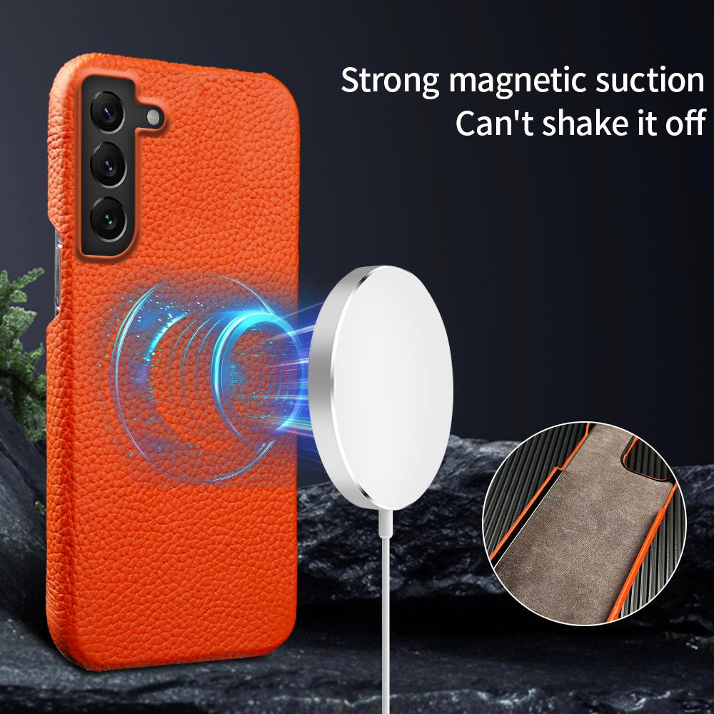 For Samsung Galaxy S22 5G Litchi Texture Magnetic Phone Case Anti-scratch Genuine Cow Leather+PC Cover