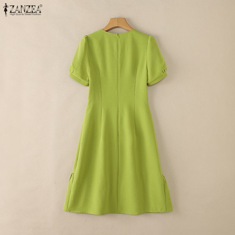ZANZEA Women Casual V-Neck Short Sleeve Elegant Ruffles Hem Dress
