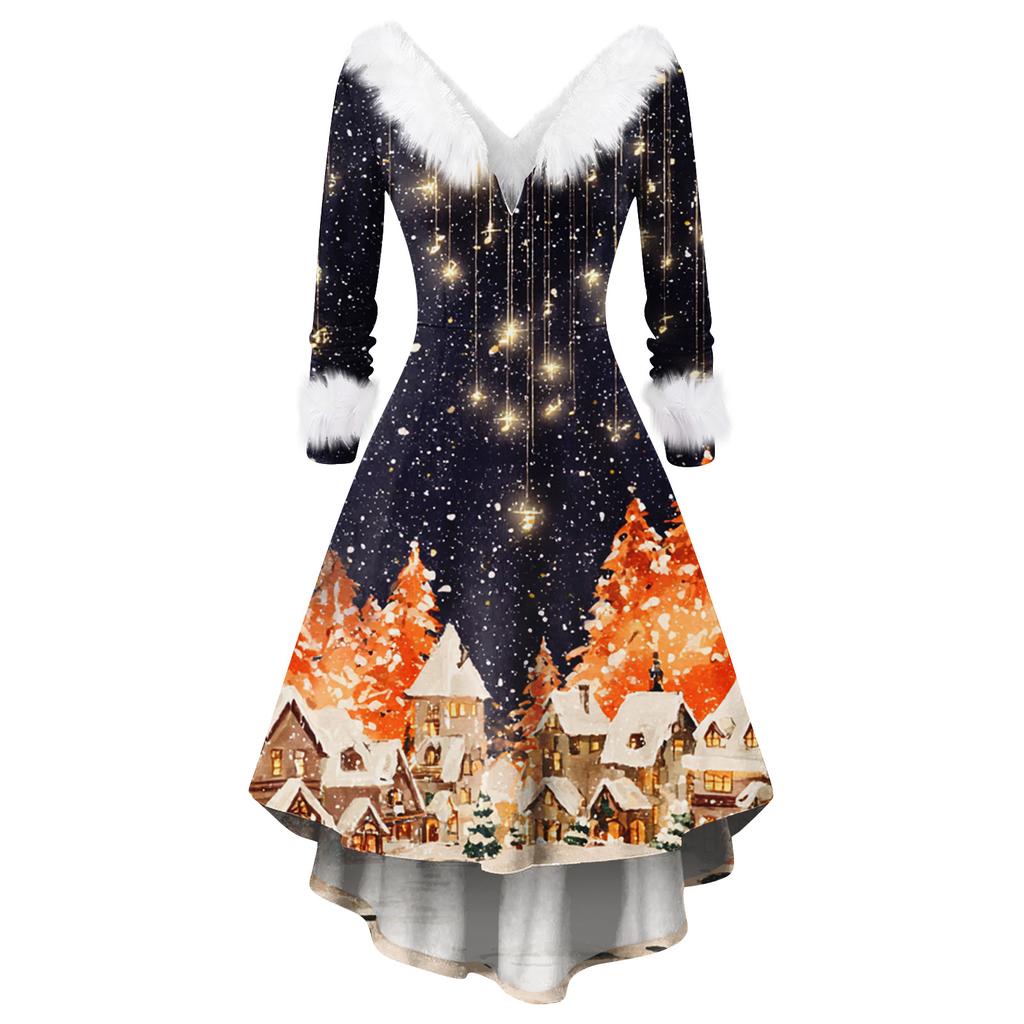 Damen Modisches Lässiges Figurbetontes Weihnachtsdruck Party Langarmkleid