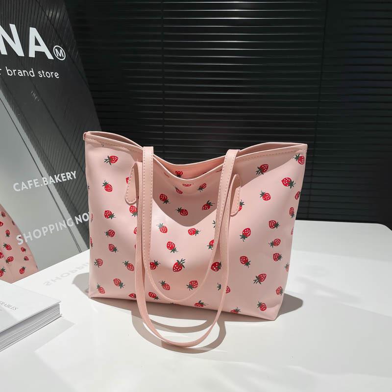 

2025 новая маленькая свежая печатная сумка-тоут большой вместимости женская модная текстурная сумка через плечо рабочая сумка для поездок земляничный