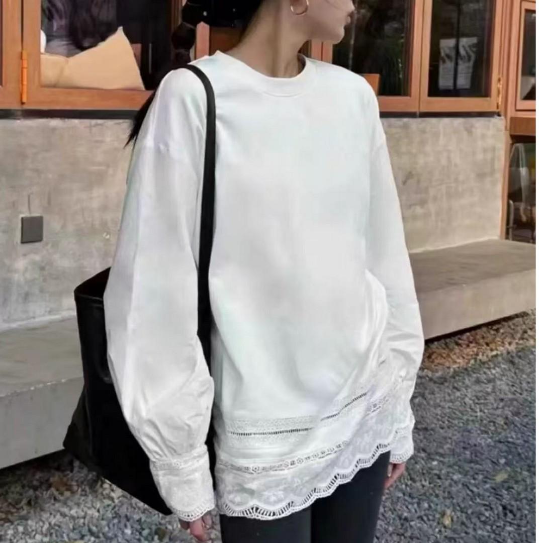 

Женская белая футболка с кружевной вставкой, длинный рукав - 2025 Весна, корейский стиль One Size белый