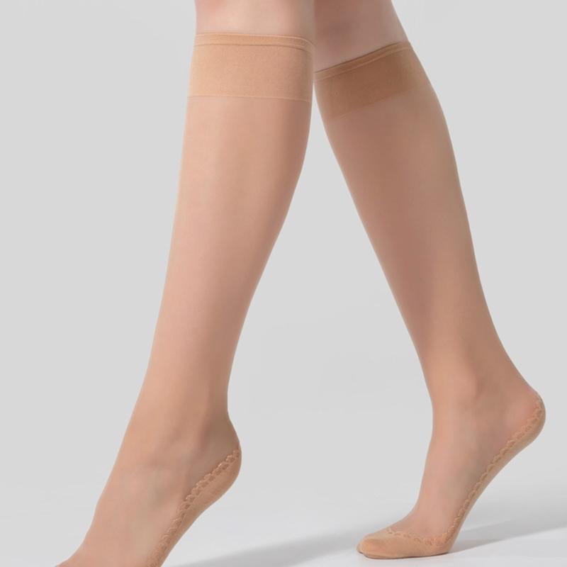 Women Knee Highs Stockings,Reinforced Toe,Sheer Nylon Socks Calf Stockings Antis Slip Cotton Soles Sheer Pantyhose
