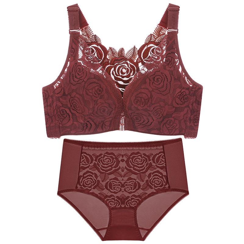 Front Buckle Rose Beautiful Back Plus Size Bra Set Big Breasts Small Gathering Underwear Women's Upper Support Adjustable Bra