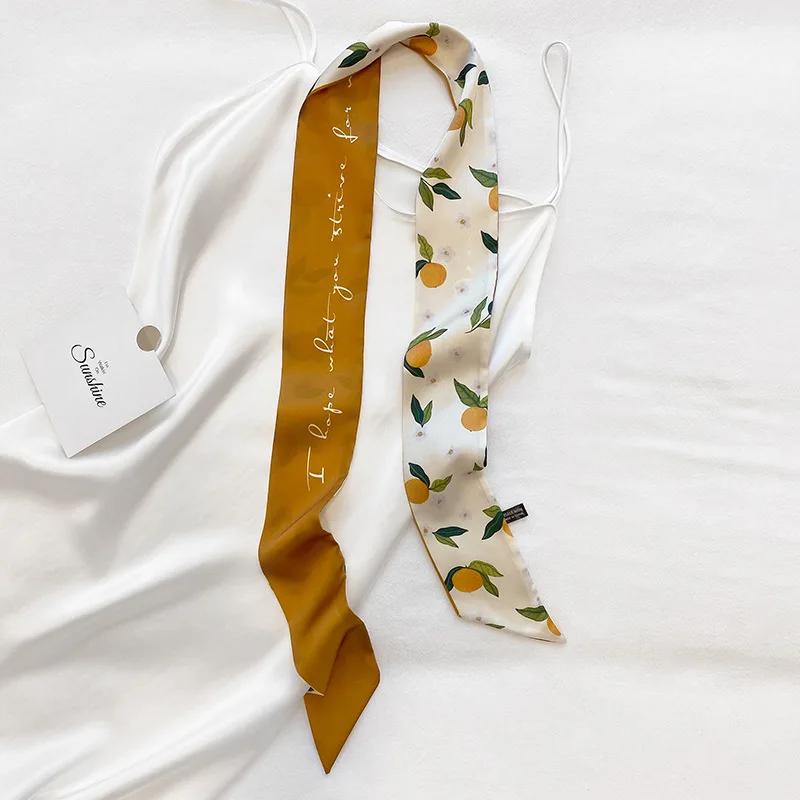 Long Skinny Hair Scarf For Women Fashion Fruit Print Kerchief Cute Headband Silk Satin Neck Scarfs 7*130cm Band Bag Scarves