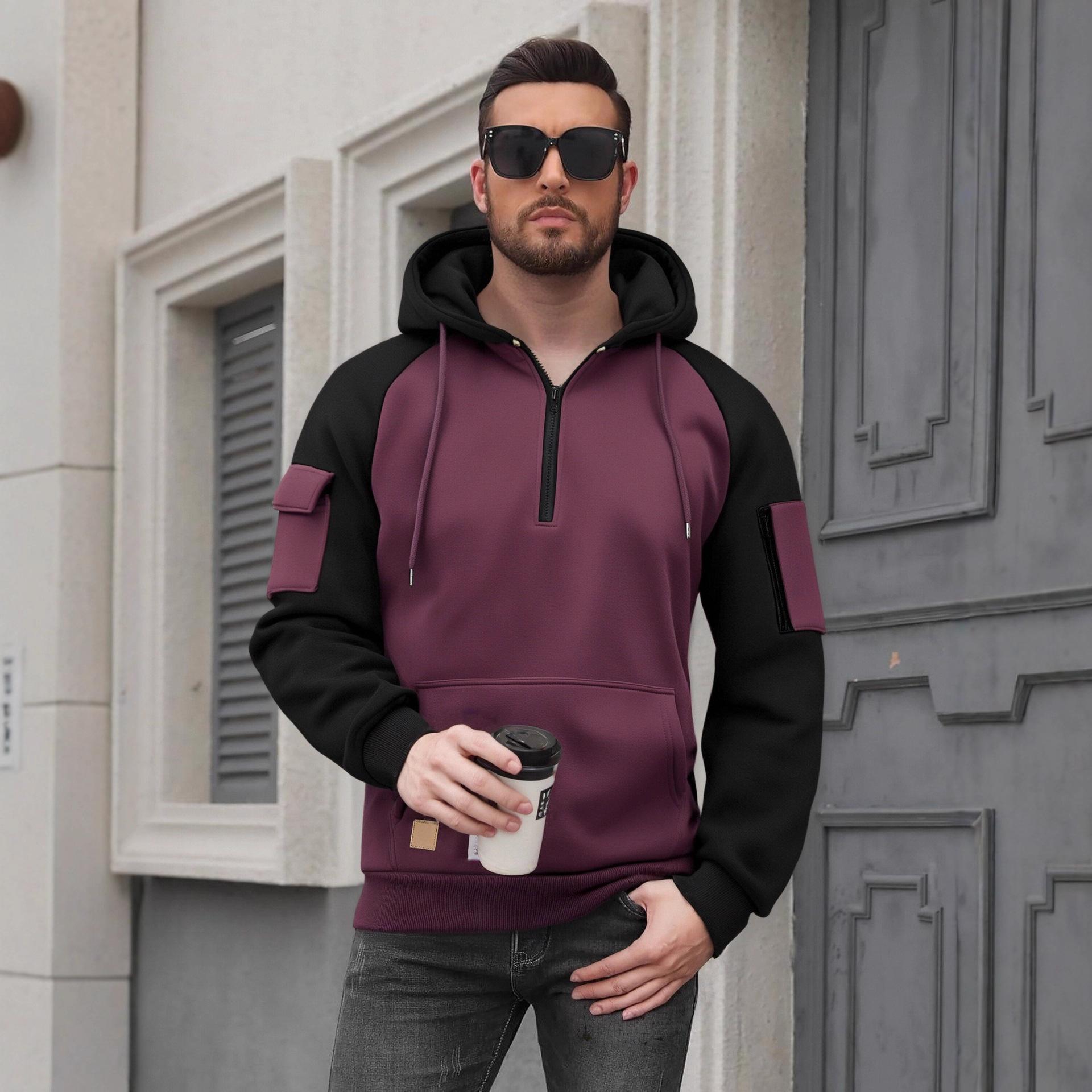 

Осень Зима Мужская Толстовка Мода Повседневная Спортивная Толстовка Ретро Харадзюку Длинный Рукав Молния Много Карманов Свободная Уличная Одежда 2XL винный