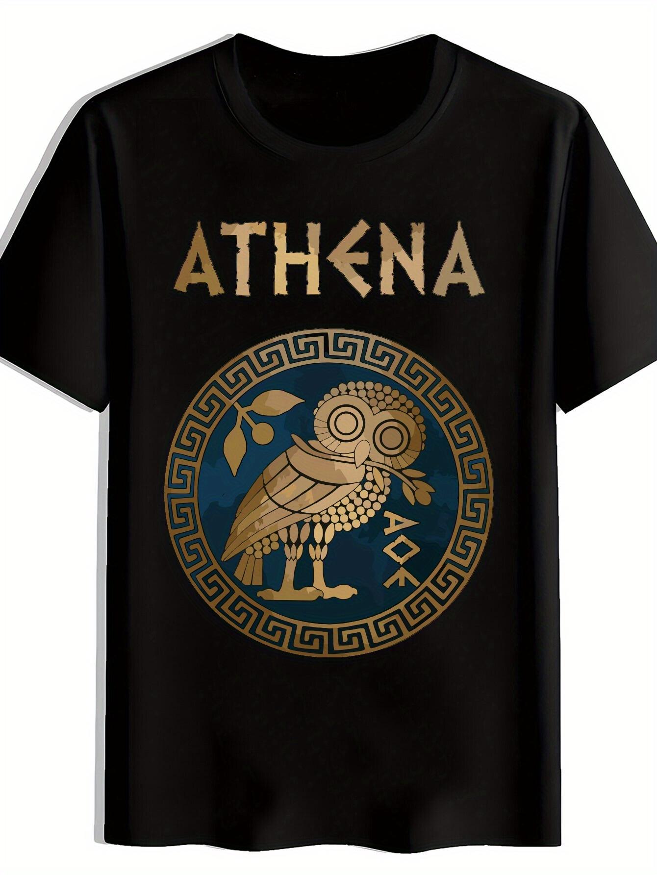 T-shirt ATHENA Owl & Owl Print - Greek Key Short Sleeve Summer Casual Round Neck Tee S