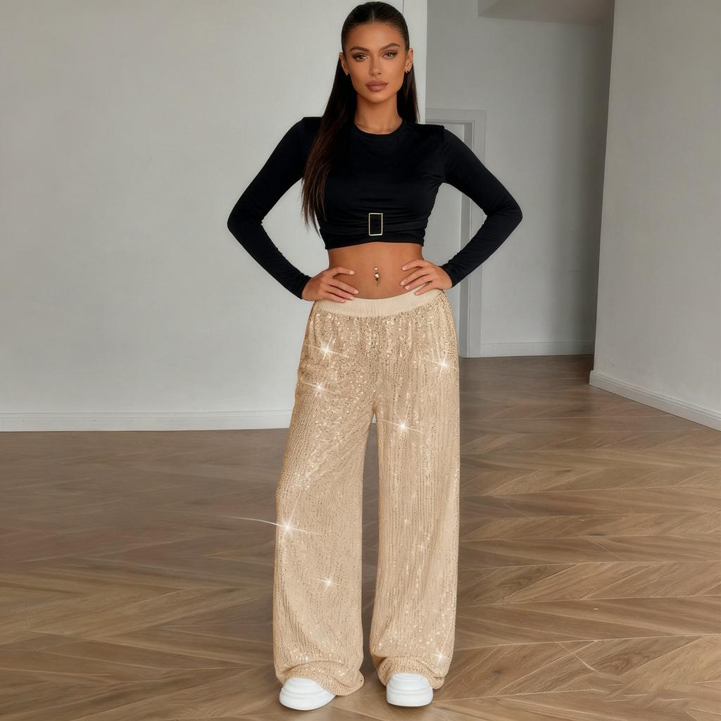 Sequin Pants Women Stretchy High Waist Wide Leg Pant Casual Loose Glitter Trousers Bling Party Clubwear
