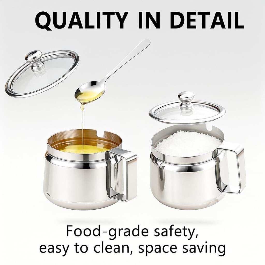 Kitchen Storage Bottle Ghee Container 500ml Stainless Steel Canister Ghee Pot With Lid&Spoon For Tea Sugar Salt Oil Seasoning