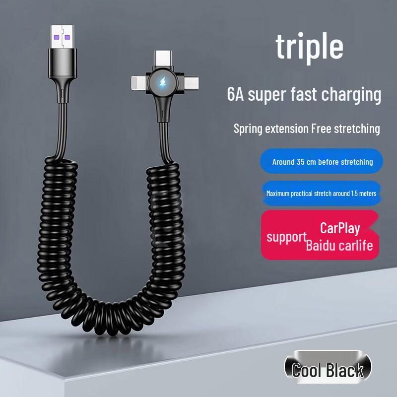 Câble USB Rétractable à Ressort Double Coude 6A Charge Rapide pour Téléphones & Voitures