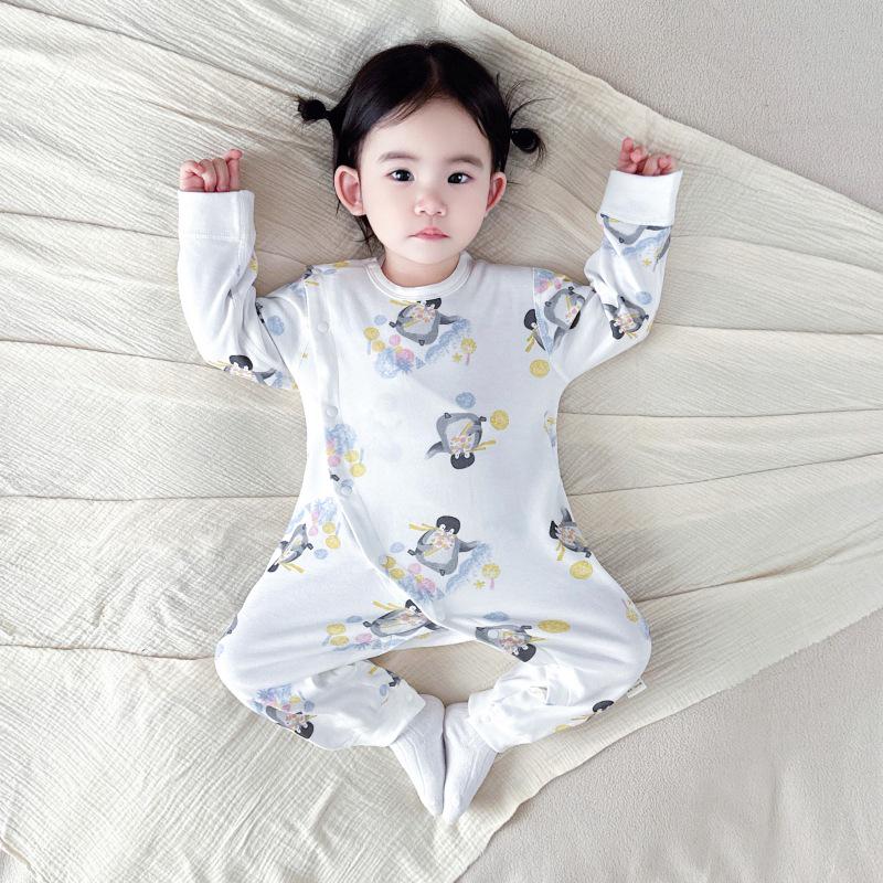 Autumn Pure Cotton Tagless Newborn Bodysuit with Double Layer Belly Protection and Long Sleeves - Baby Pajamas & Home Wear.