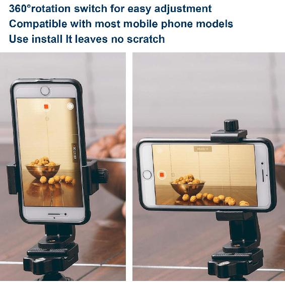 Universal Smartphone Mount Holder – Compatible with Tripods & Stands (1/4 Inch Screw). Rotates 360° for Vertical & Horizontal Adjustments. Secure