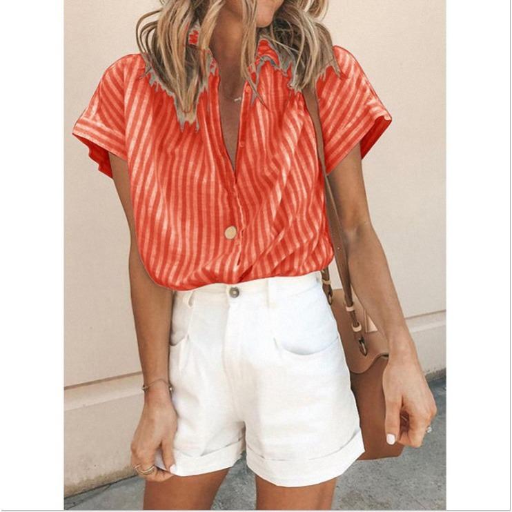 

Short-sleeved Lapel Vertical-striped Cardigan Loose Striped Women’s Blouses & Shirts S червоний
