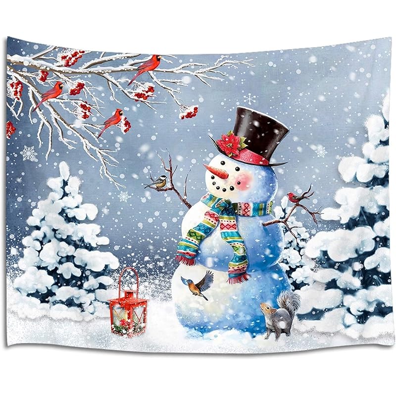 

Charming Winter Wonderland Tapestry Festive Snowman with Birds and Lantern for Cozy Home Decor Perfect Wall Art for Living Room 74x94cm(29x37in)