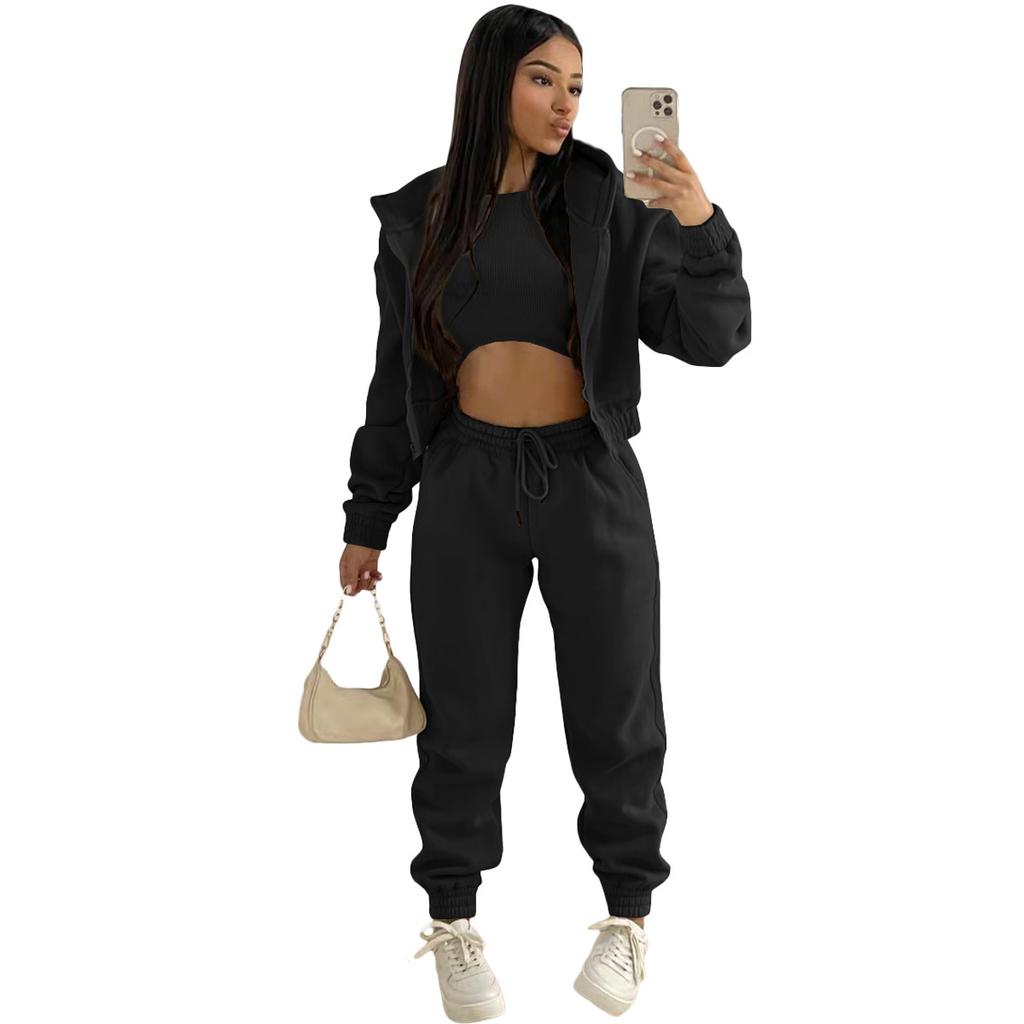 Danmo Women Sporty Three Pieces Outfit Casual Long Sleeve Zip Hoodies+Ribbed Tank+High Waist Sweatpants Jogger Pant Suits