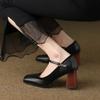 2024 Mary Janes Vintage Black Sandals Woman Buckle Non-Slip Casual Medium Heels Office Ladies Solid Elegant Heels Korean Summer