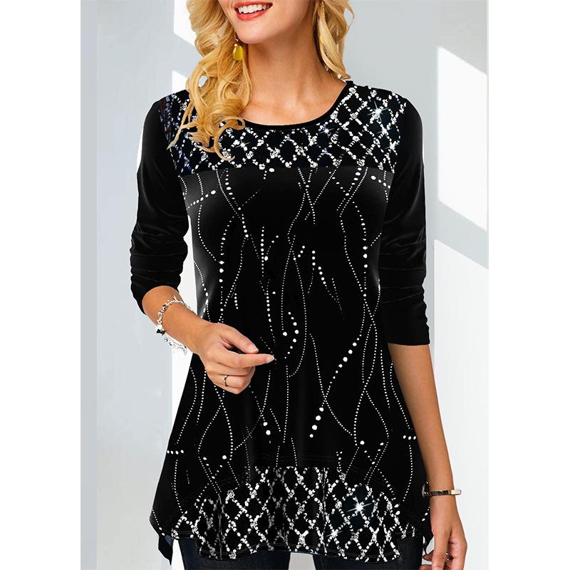 

Женские модные повседневные весенне-осенние блузки и рубашки с круглым вырезом и длинными рукавами с цветочным узором и принтом XXL чёрный