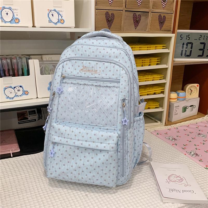 Star Print School Backpack with Front Mesh Pocket Top Handle Adjustable Straps Casual Daypack for Teen Girls